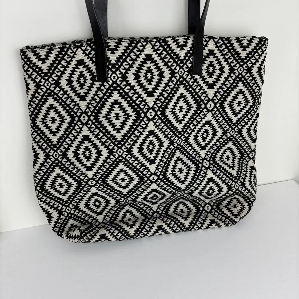 Lucky Brand Aztec Boho Tote Bag Purse Black White Leather Straps large